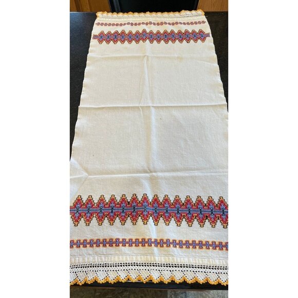 Vintage Handmade Romanian Decorative Table Runner Hand Embroidered & Crocheted